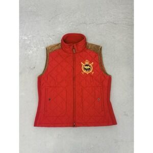 Polo Ralph Lauren Vest Womens XL Red Quilted Equestrian Crest Suede Trim Riding
